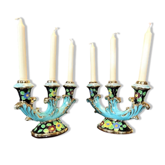 Monaco Earthenware Candlesticks - Pair of Vintage Candlesticks - Turquoise Black and Gold