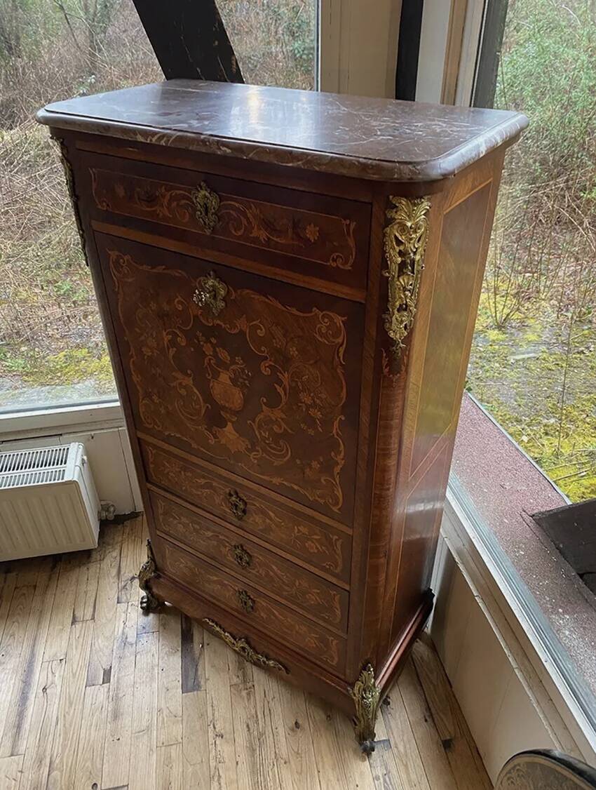 Inlaid wooden secretary, marble top. Napoleon III