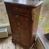 Inlaid wooden secretary, marble top. Napoleon III