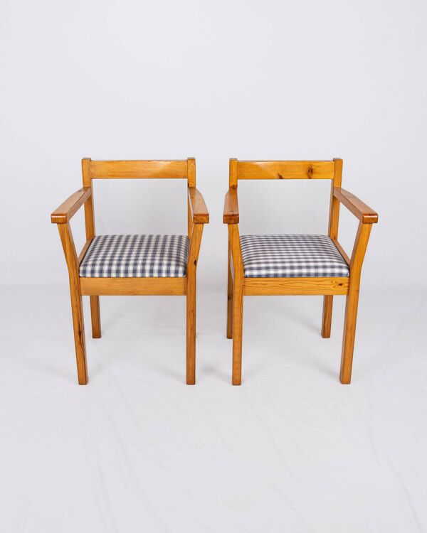 Paire de chaises en pin et tissu vichy, France, 1980