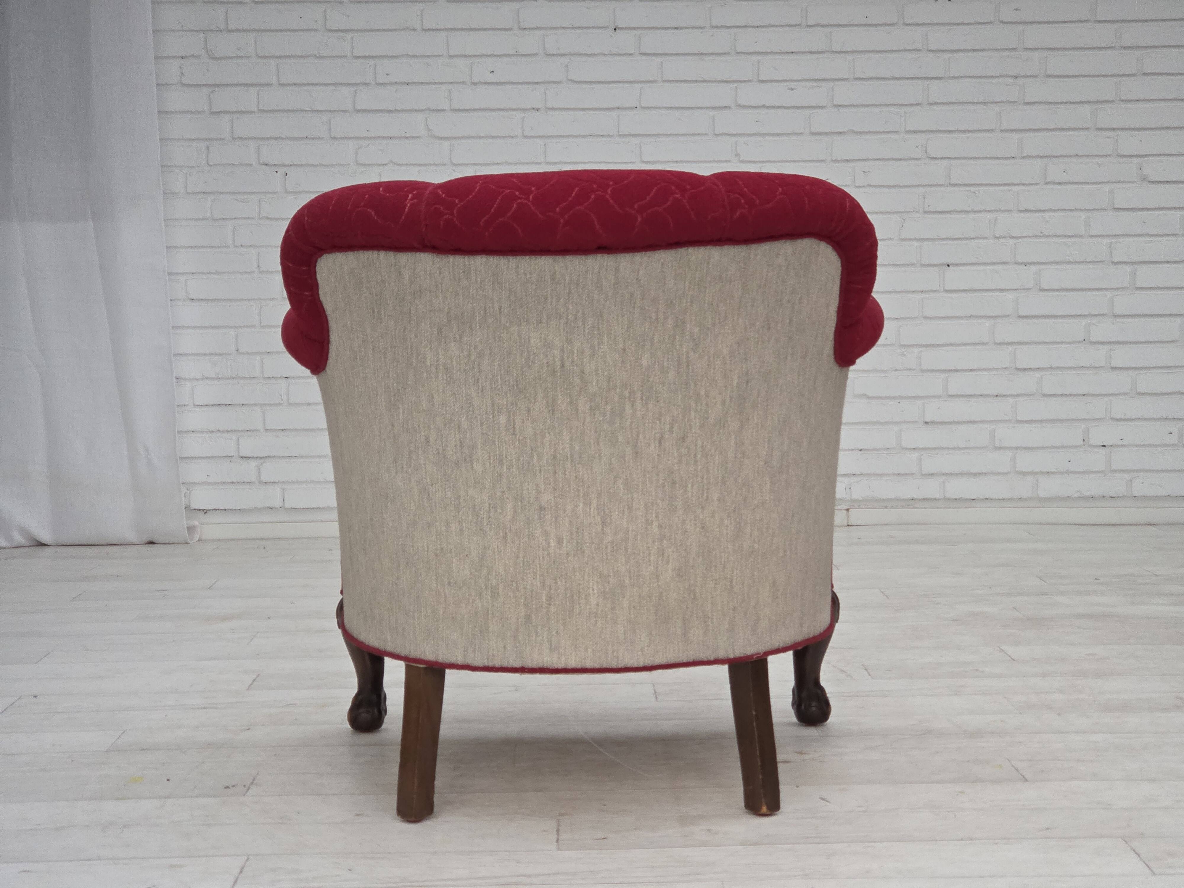 1950s, Danish armchair, red and light grey furniture wool, carved oak wood.