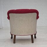 1950s, Danish armchair, red and light grey furniture wool, carved oak wood.