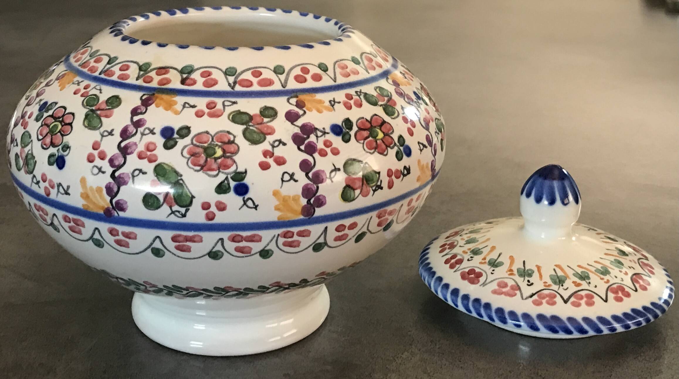 Jar, candy dish in enamelled ceramic with hand-painted decoration by p.arzobispo