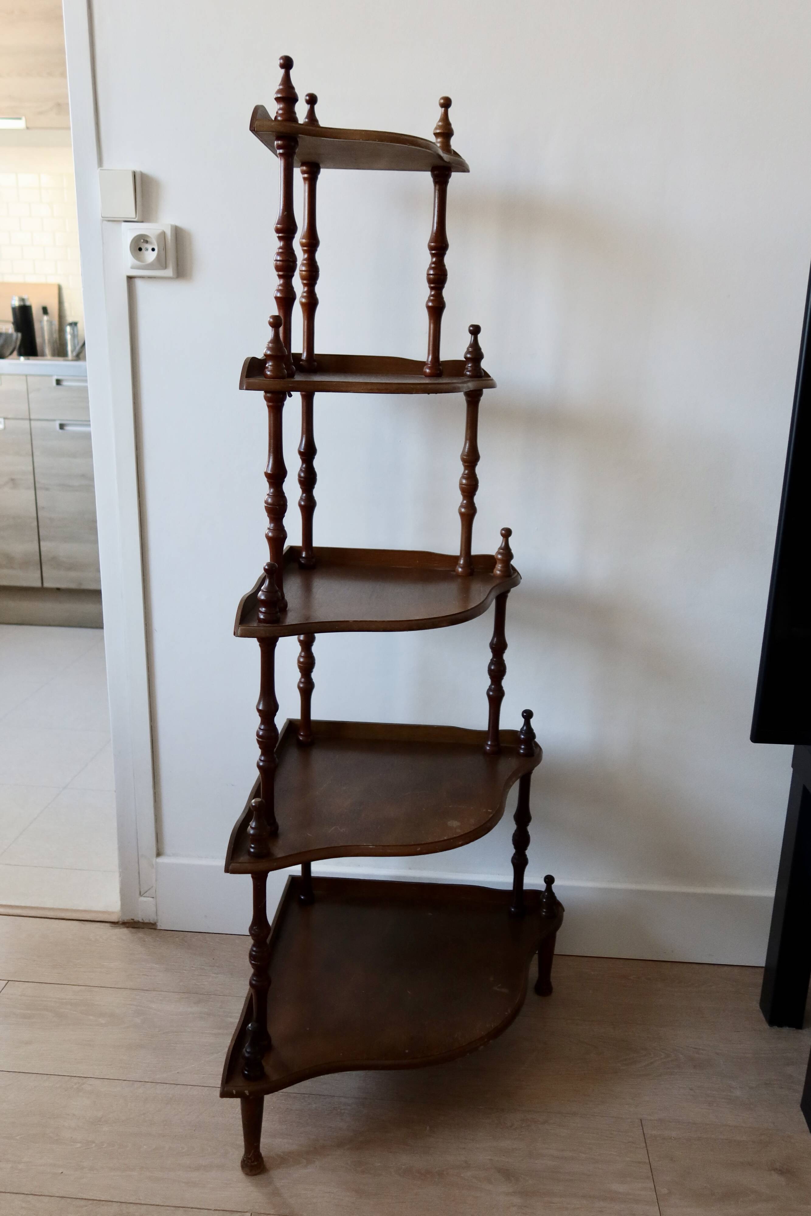 Vintage 5-Tier Corner Shelf on Legs, Turned Wood