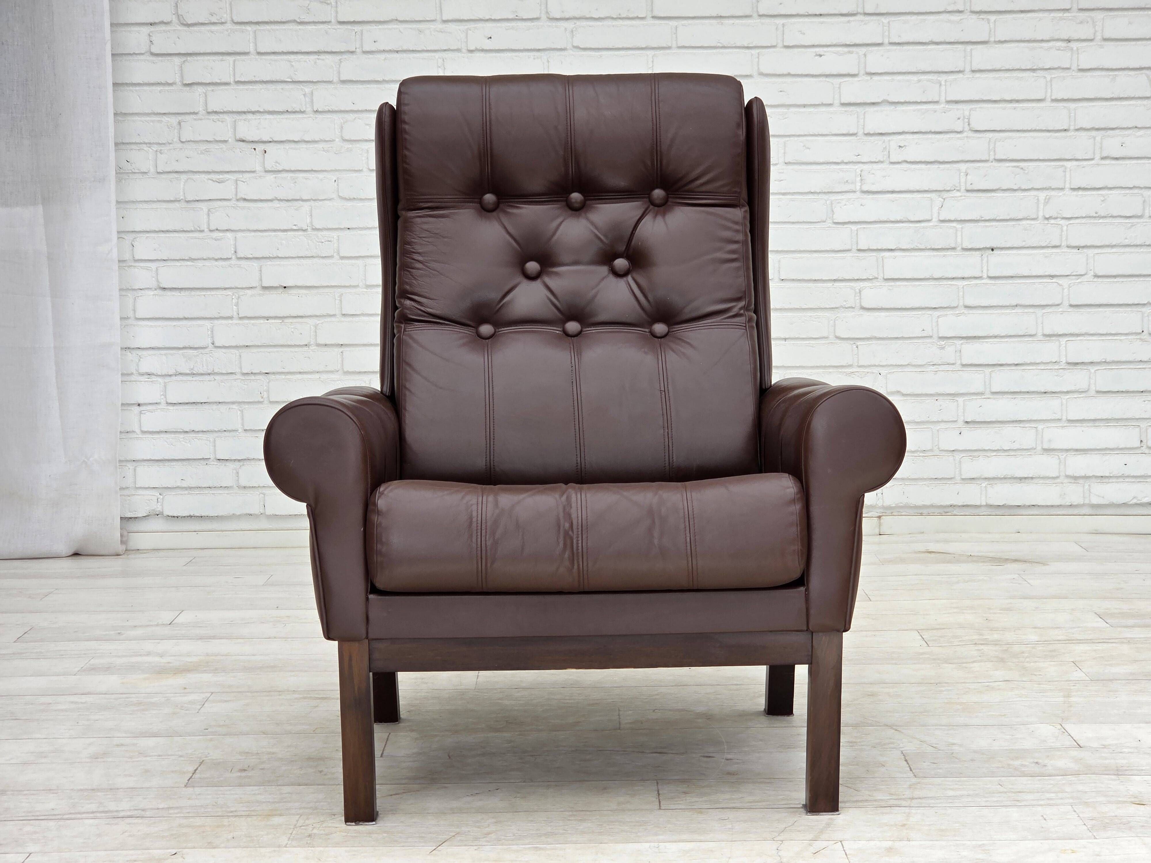 1970s, Danish armchair, original brown furniture leather.