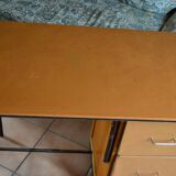 Beech and orange leatherette desk with 3 drawers, 60s/70s