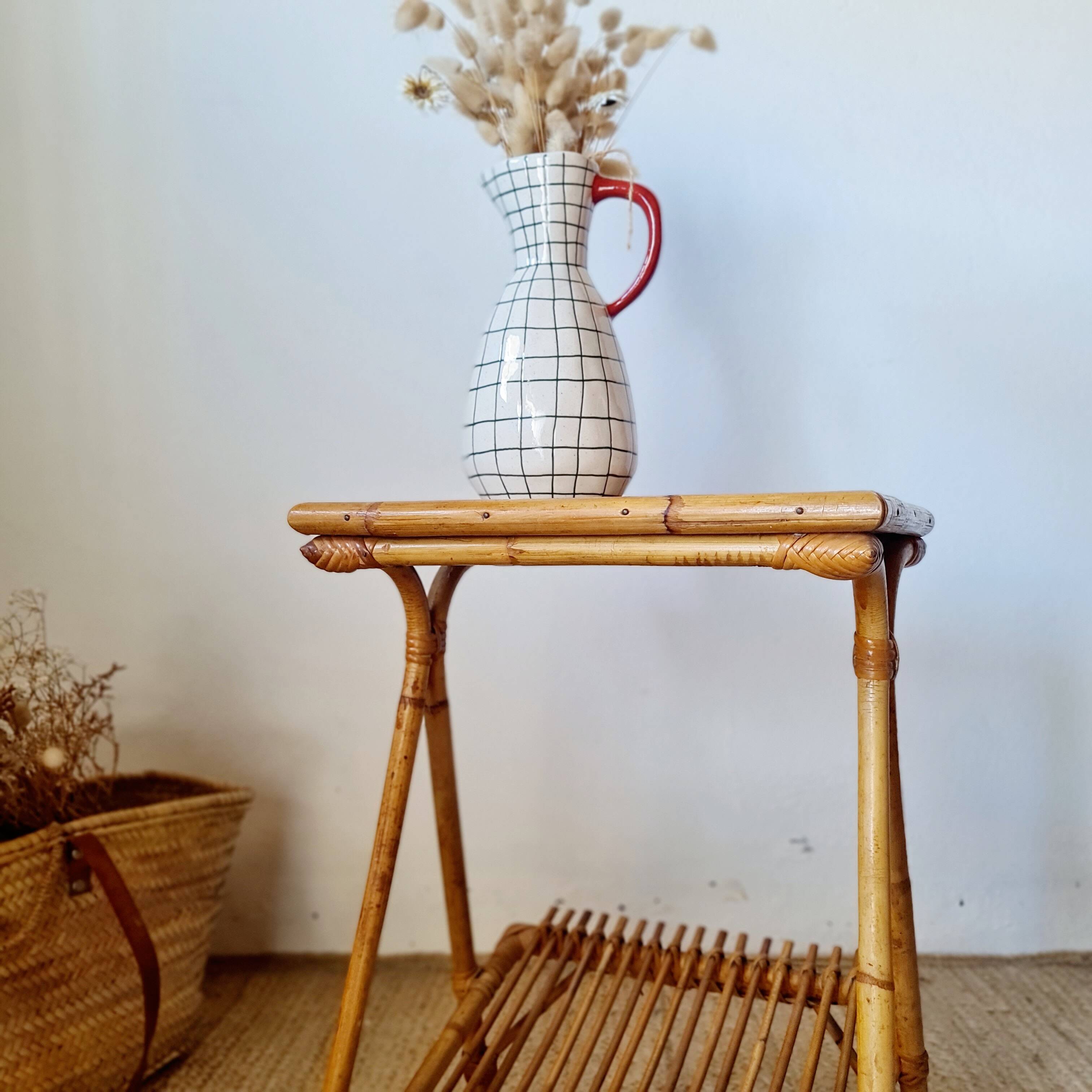 Vintage rattan and bamboo side table – 1960s Riviera style -