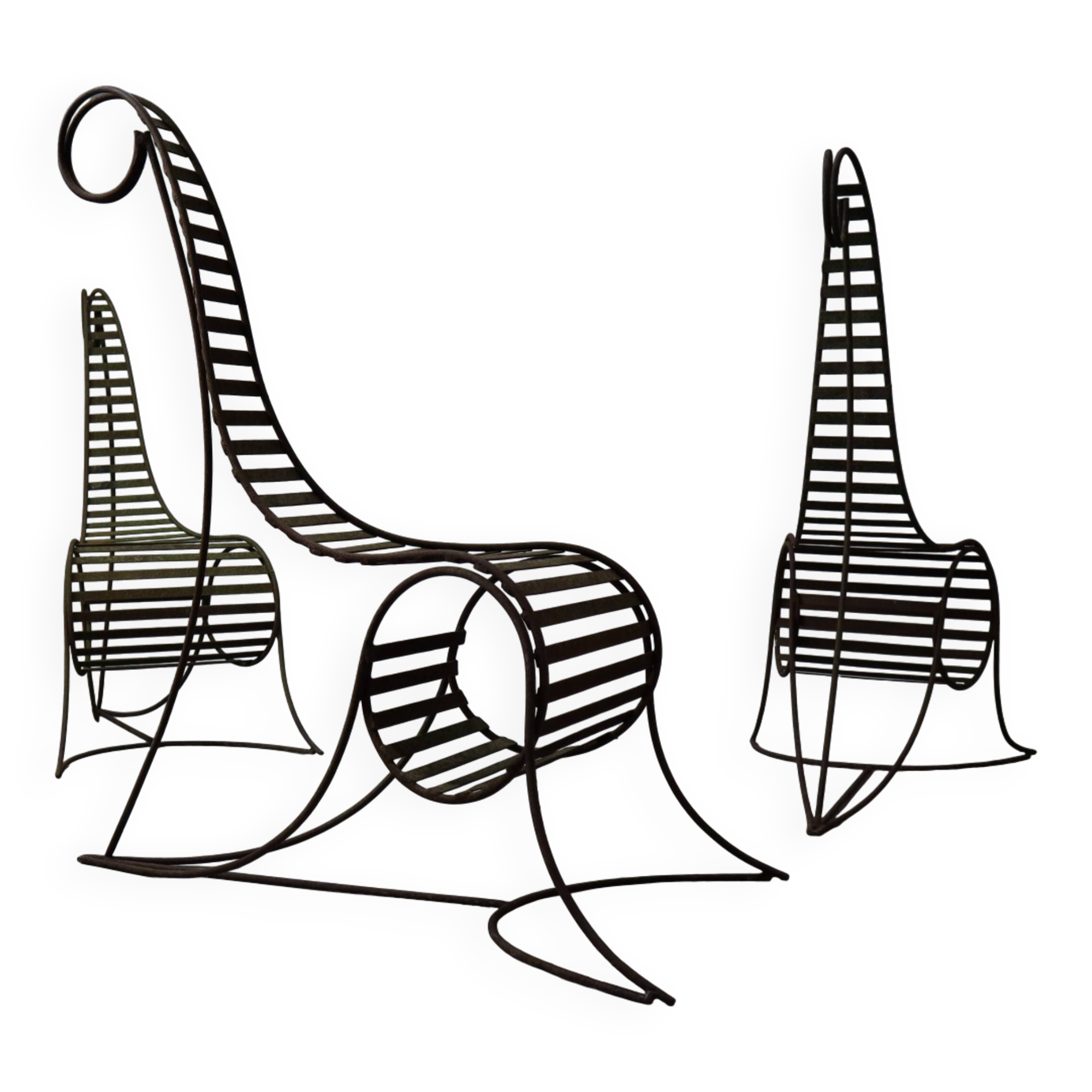 Set of three sculptural iron chairs