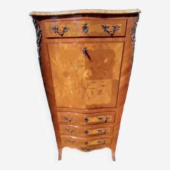 Secrétaire scriban style Louis XV marquèterie bois de rose dessus  marbre clé H 140 cm signé SKALSKI