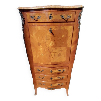 Secrétaire scriban style Louis XV marquèterie bois de rose dessus  marbre clé H 140 cm signé SKALSKI