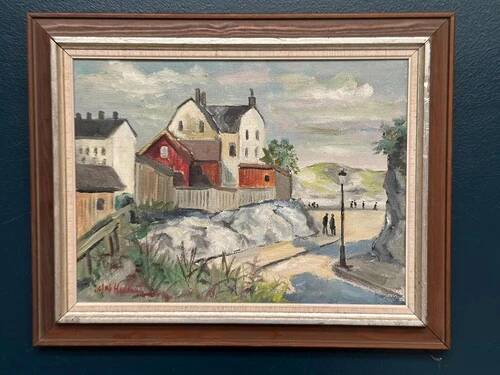 Swedish Oil on Canvas “Houses on Mountain” by Olof H Vintage & Framed 49×39cm