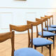 Set of 6 Scandinavian chairs in oak and blue fabric.