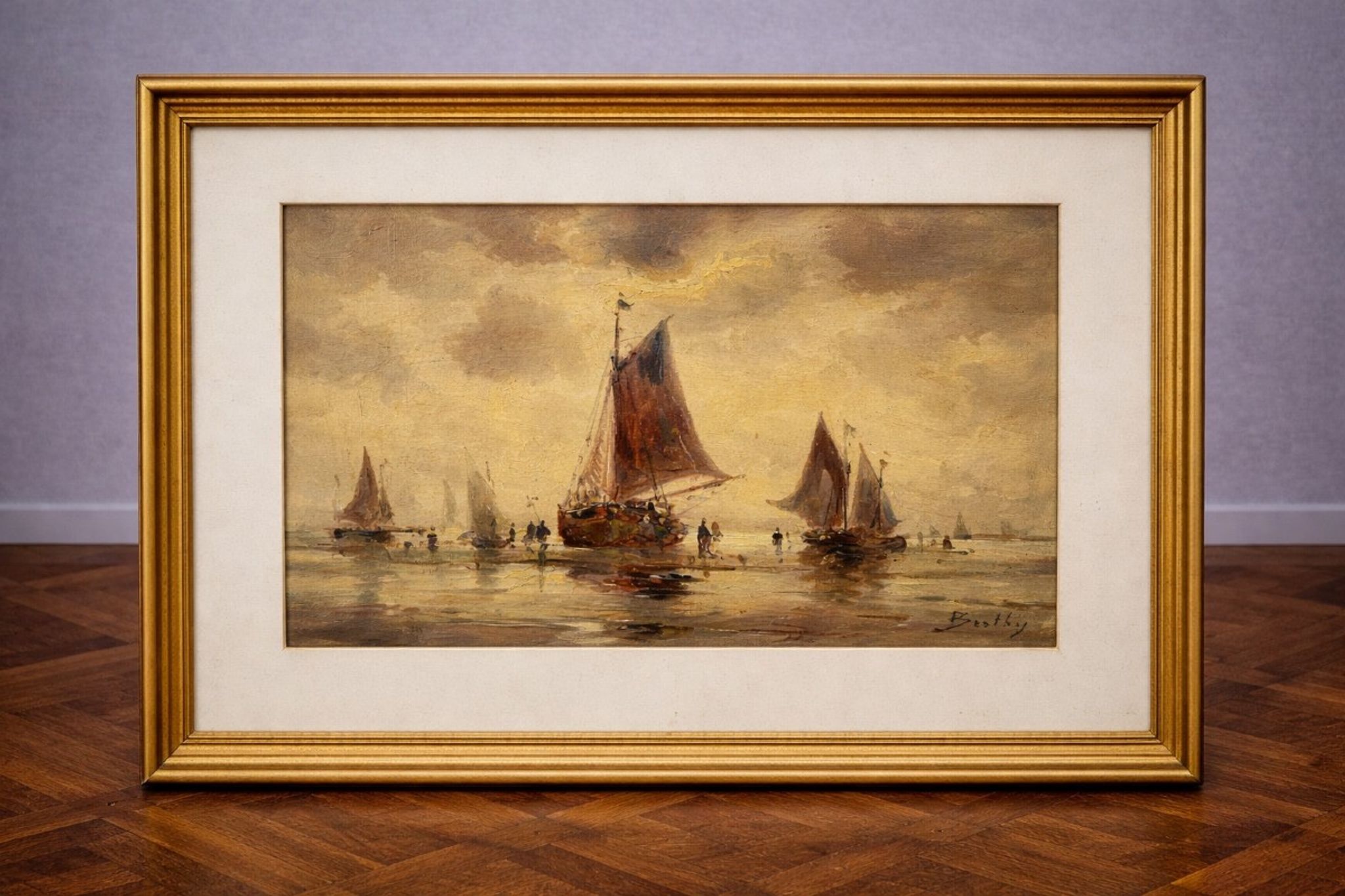Oil on canvas antique – seascape with sailing boats – signed Bentley