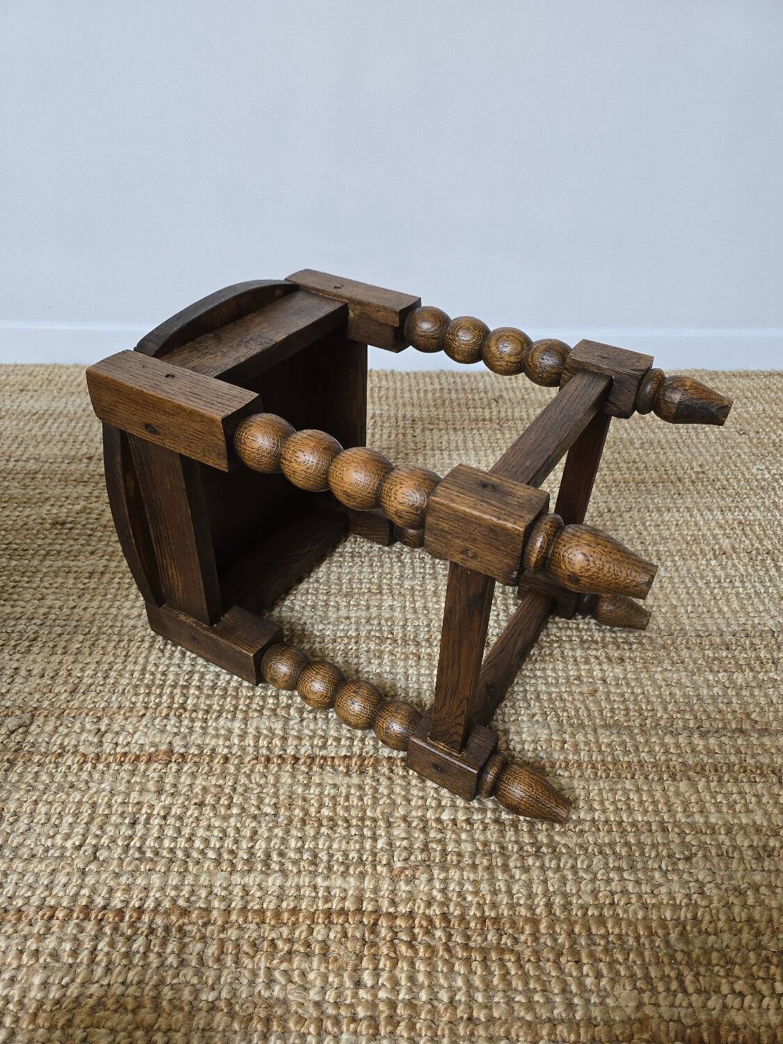 Pair of brutalist stools in turned wood, Charles Dudouyt style, 1950s