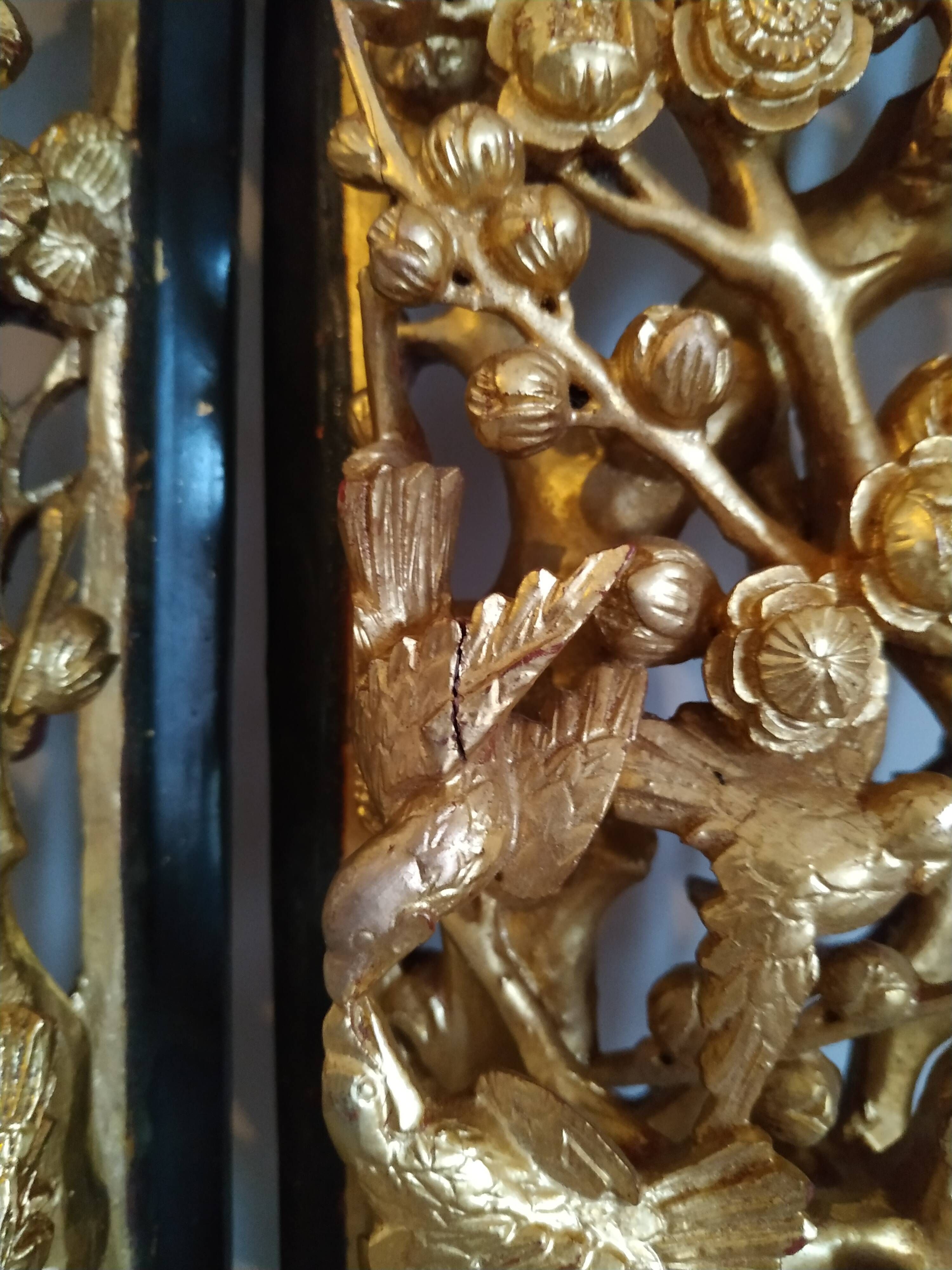 Pair of Ningbo panels in Chinese carved gilded wood