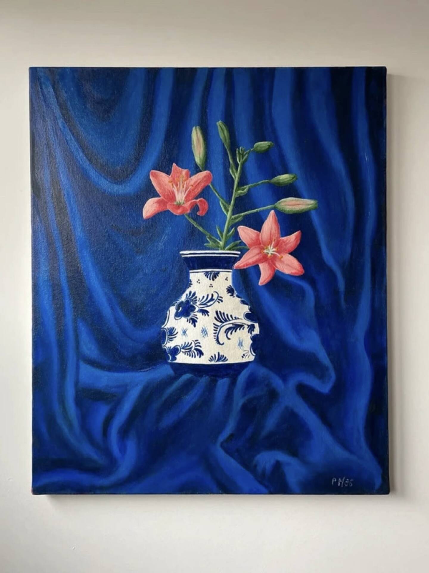 Peinture sur toile Lys et drapé bleu