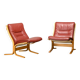 Pair Ingmar Relling Siesta Lounge Chairs in Beech and Burgundy Leather