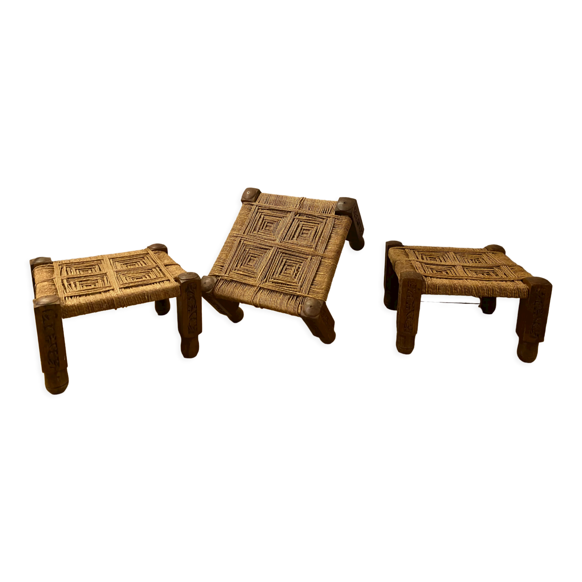 3 wooden and rope charpoy stools