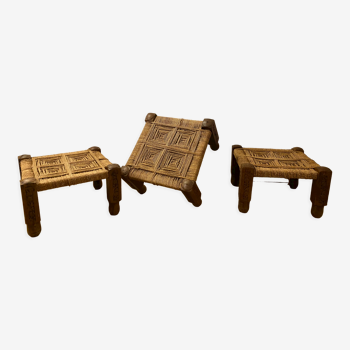 3 wooden and rope charpoy stools