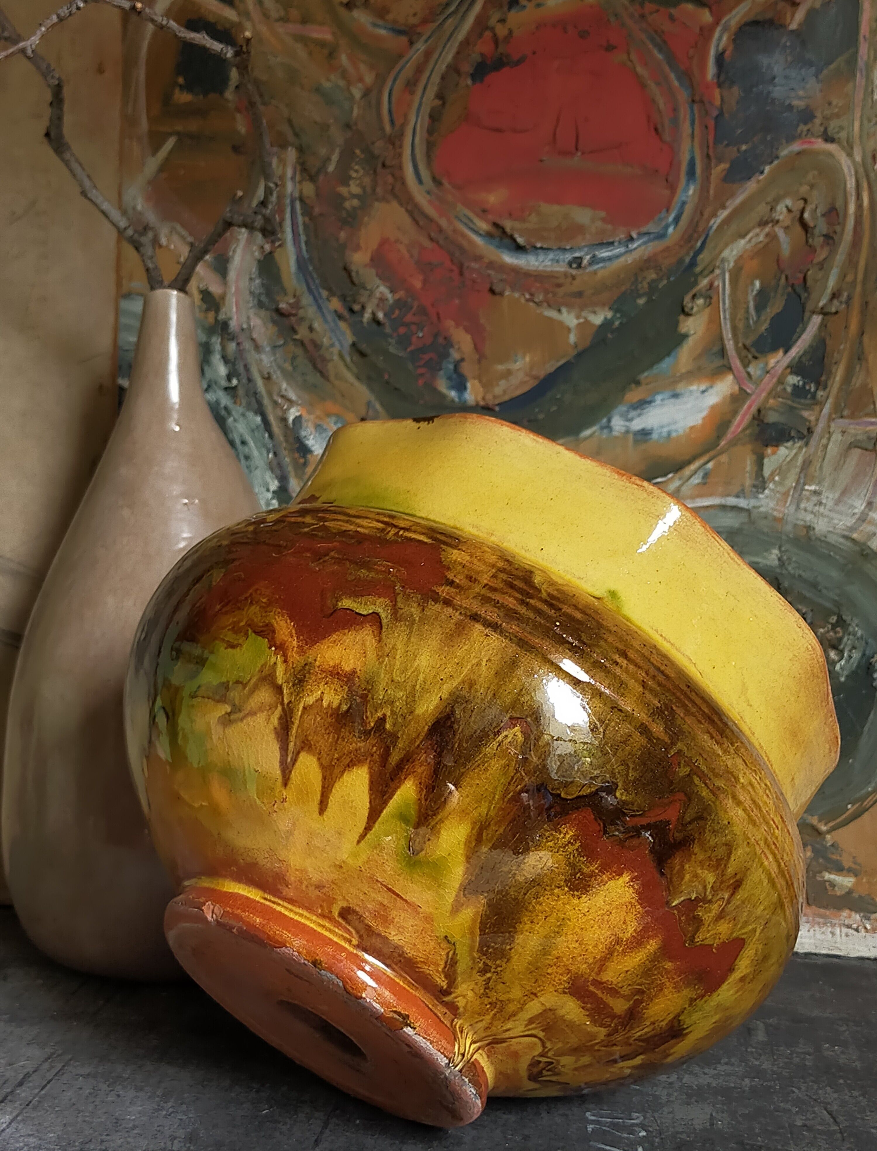 Old provencal pot cover in glazed terracotta