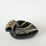 Heart / shell ceramic pocket tray, black and gold, signed, 1950