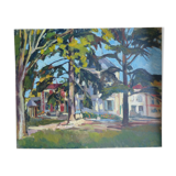 Oil on canvas, houses in a park