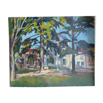 Huile sur toile, maisons dans un parc