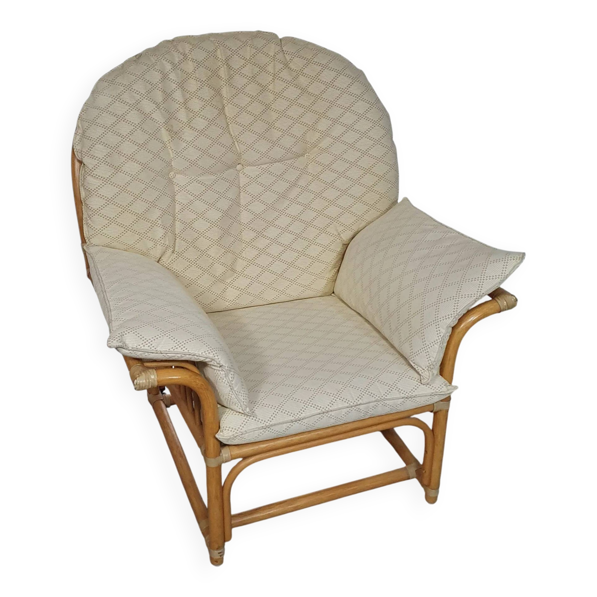 Oversized rattan / bamboo lounge chair with original cushions. 1970s