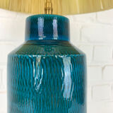 Scandinavian ceramic table lamp, raffia lampshade, Nymølle pottery, Denmark 1960s