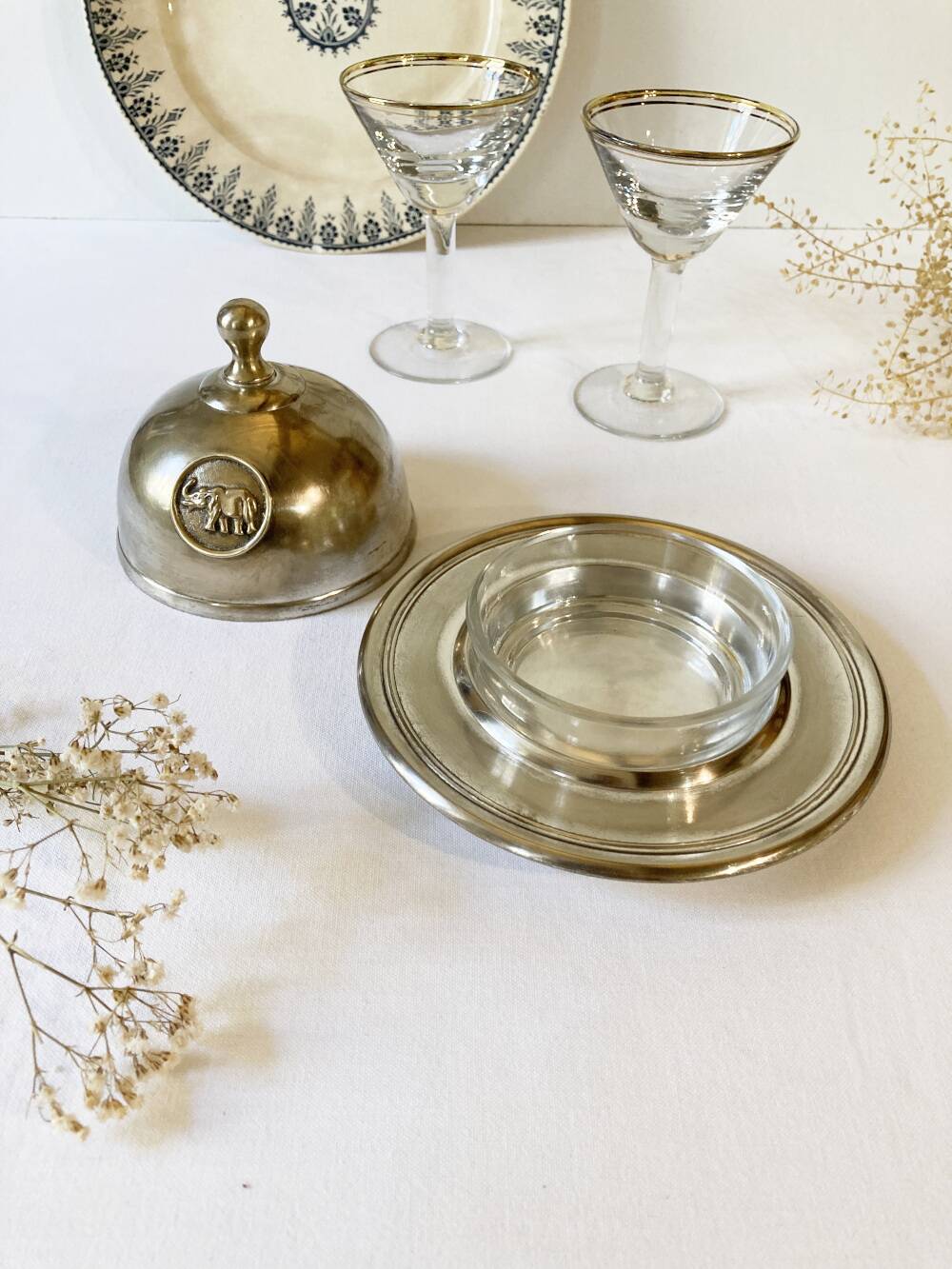 Silver-plated butter dish with elephant motif