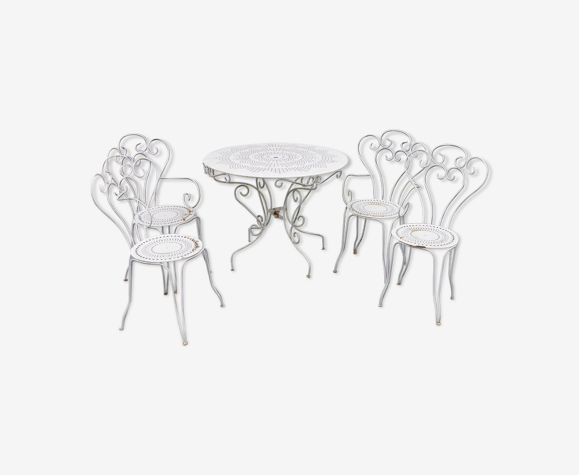 Salon de jardin table & chaises en tôle blanche style 1900 vintage | Selency