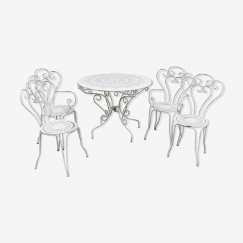 Salon de jardin table & chaises en tôle blanche style 1900 vintage