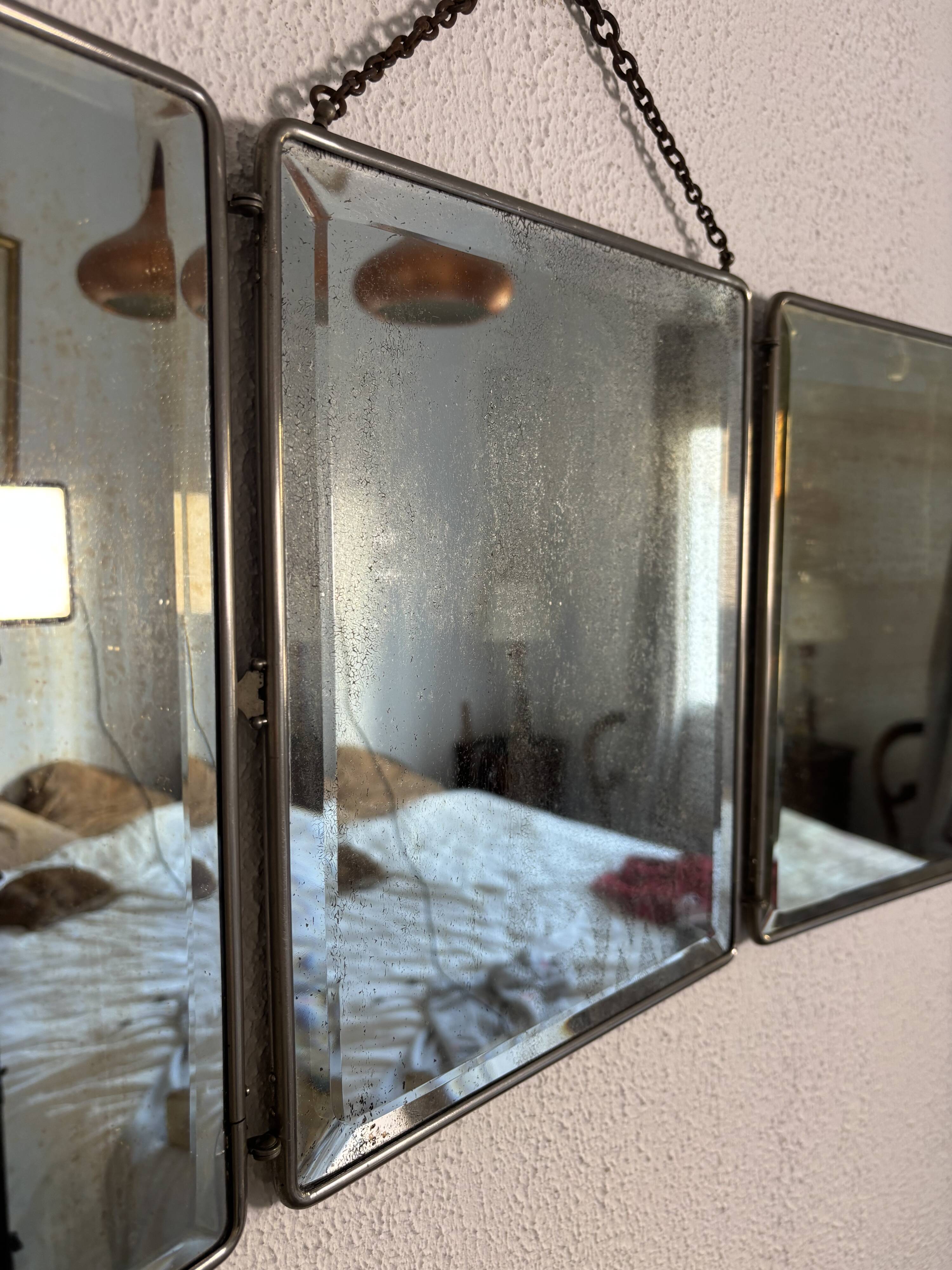 Vintage 1930s triptych barber mirror in black faux crocodile leather - 33 x 84 cm