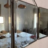 Vintage 1930s triptych barber mirror in black faux crocodile leather - 33 x 84 cm