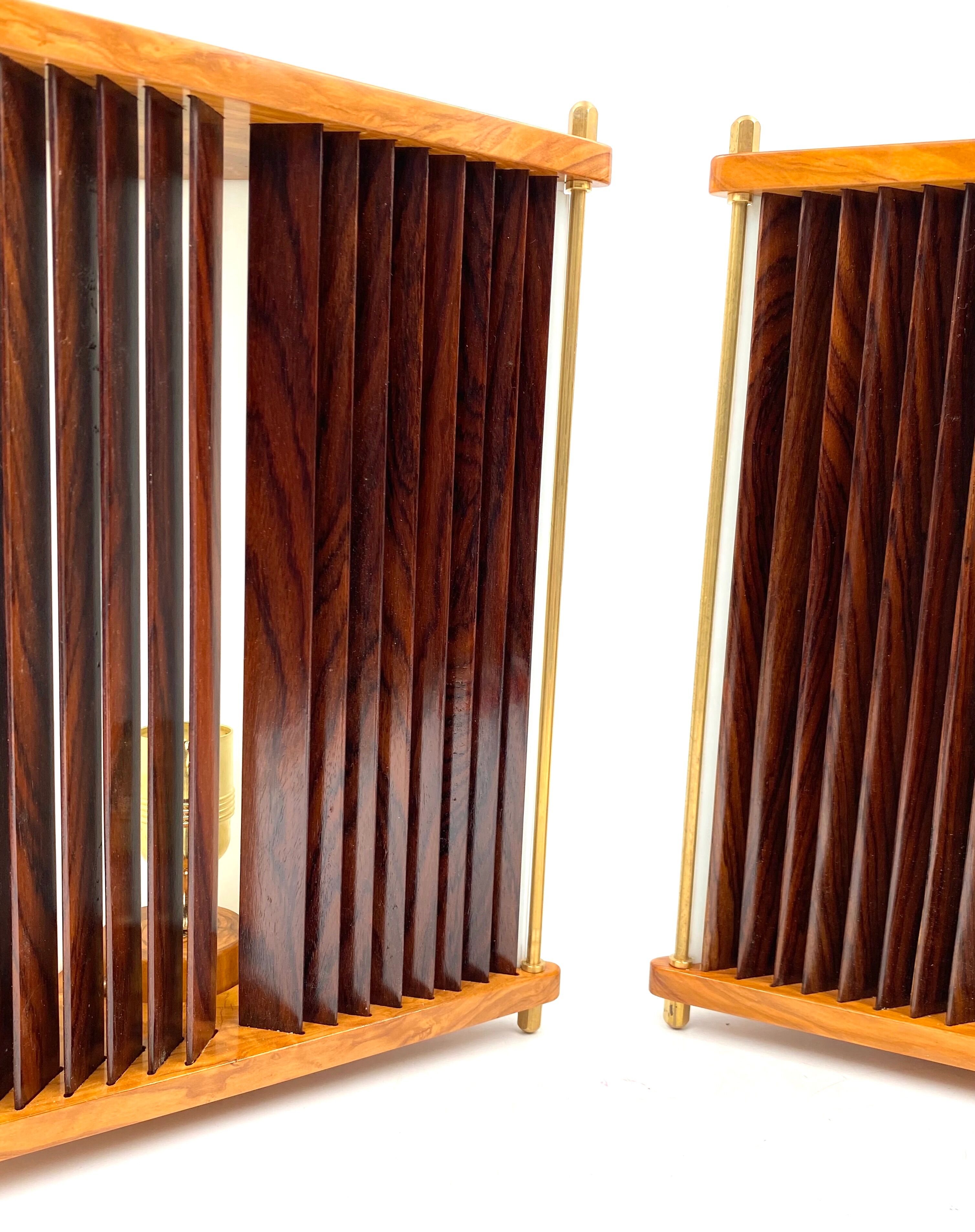 Leonardo Mosso 2 palisander and brass table lamps, Italy 1970s