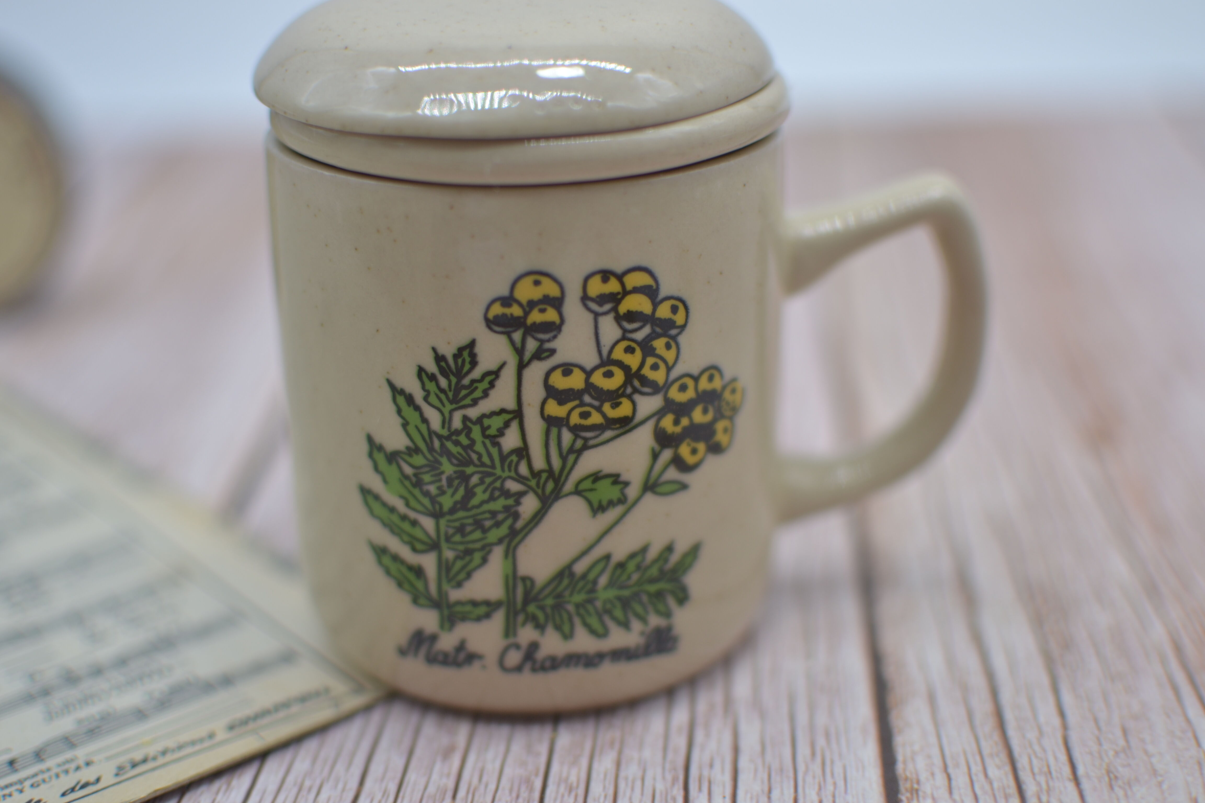 Vintage sandstone tisanière on the theme of chamomile botany