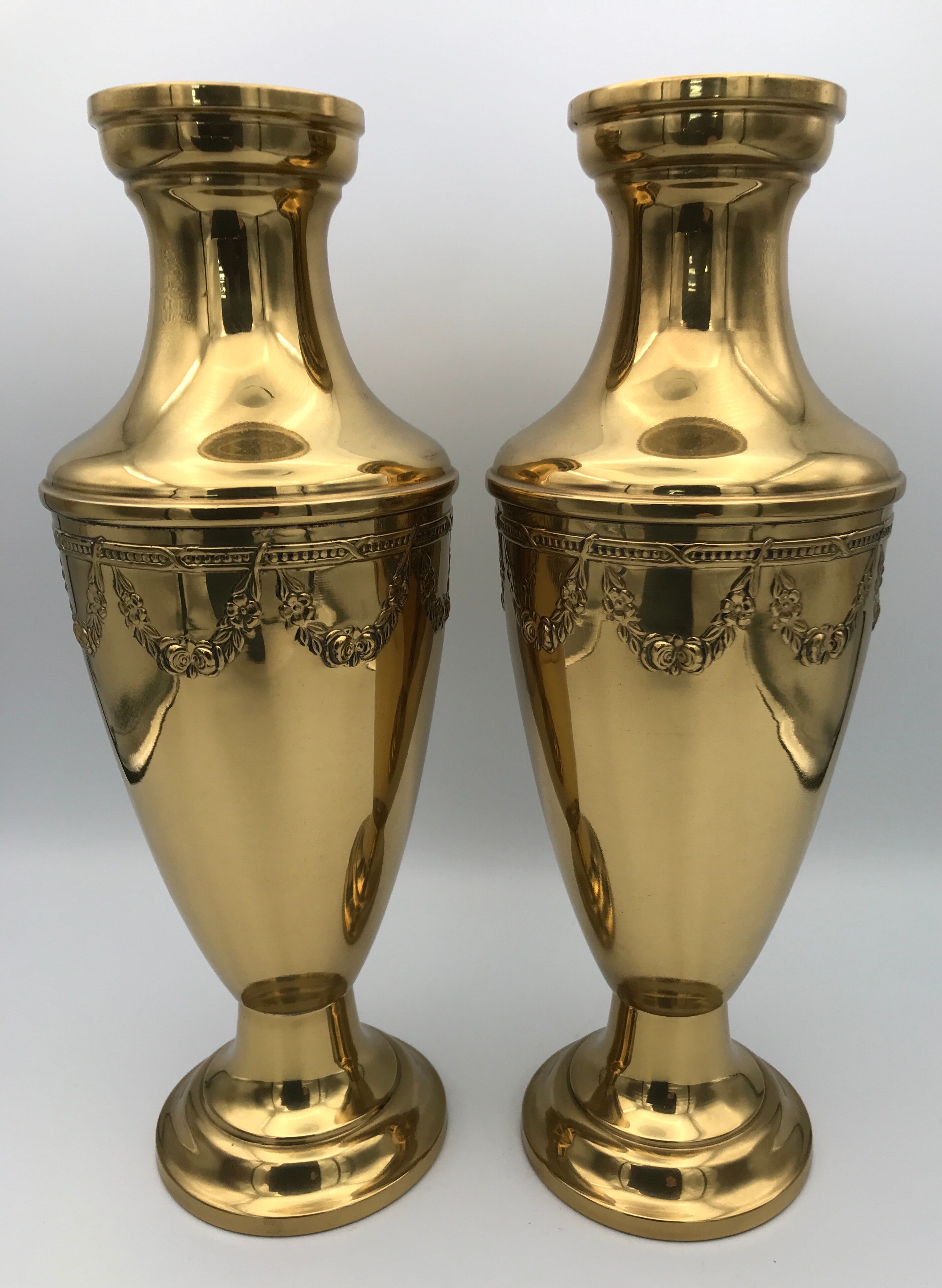 Pair of golden brass vases with floral frieze pattern 27.5 cm