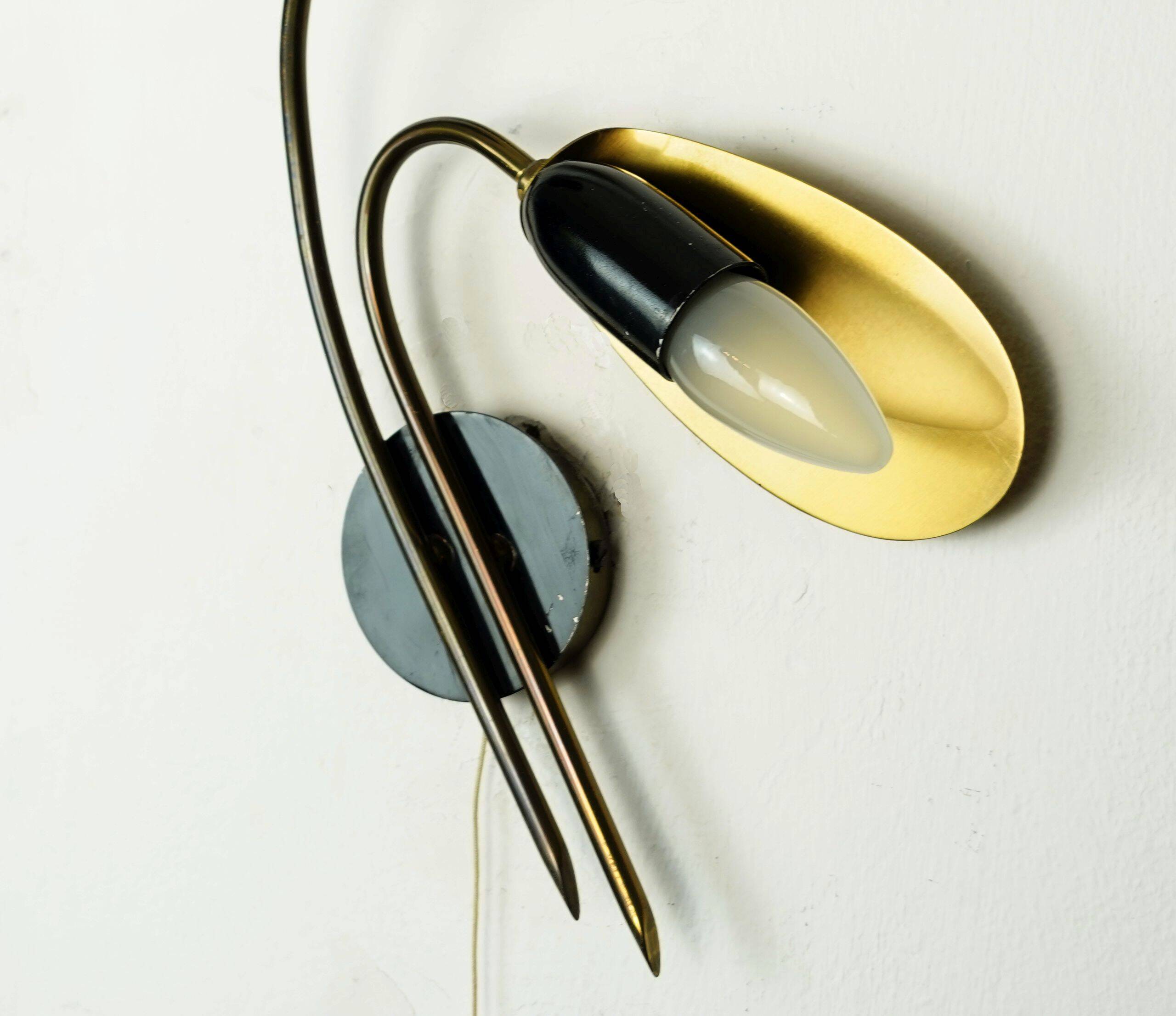 Pair of 1950s mid century sconces wall lamps brass black metal