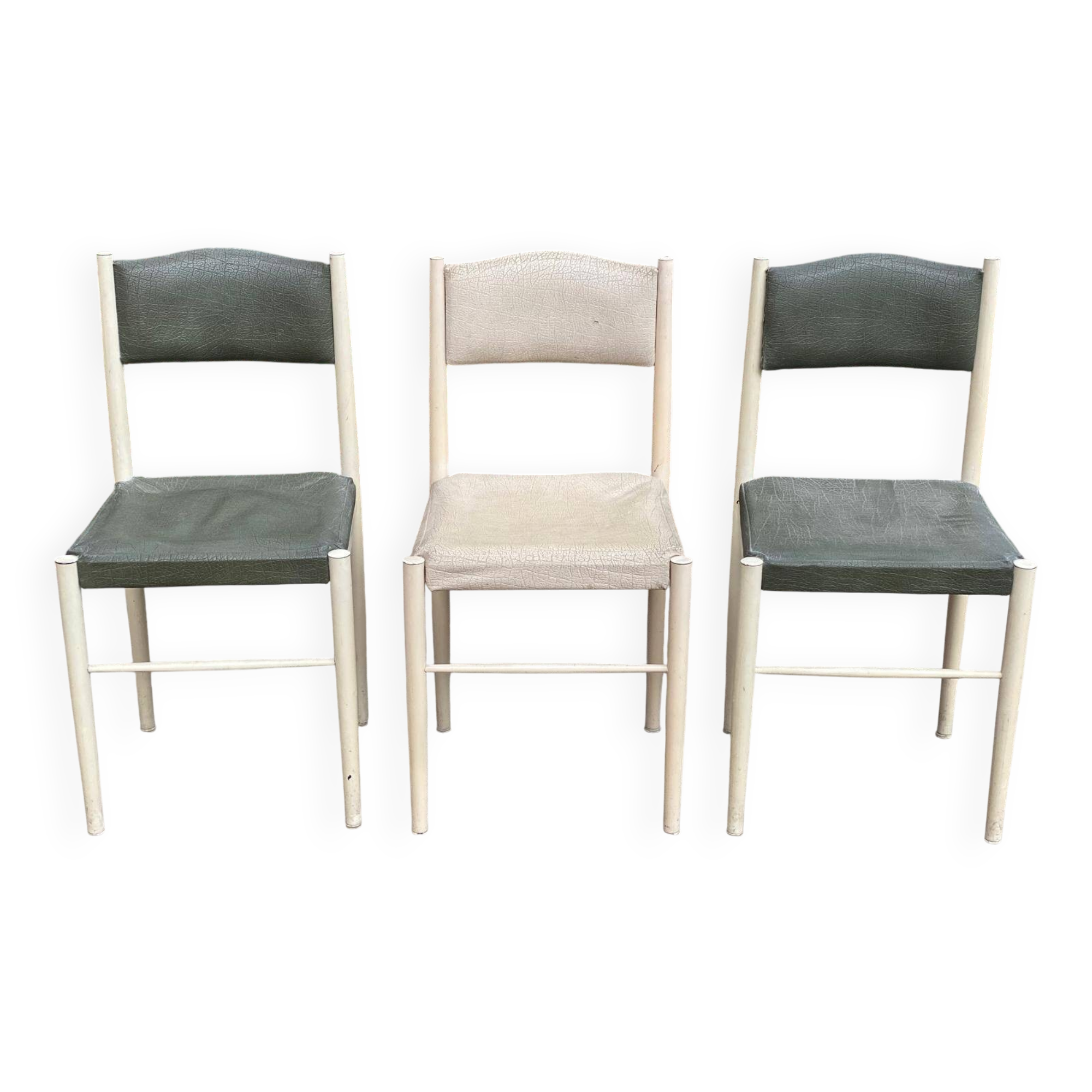 3 Scandinavian Baumann style chairs, steel and white and dark green crocodile leather