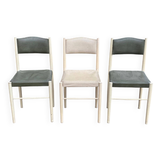 3 Scandinavian Baumann style chairs, steel and white and dark green crocodile leather