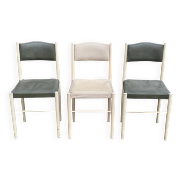 3 chaises scandinaves en acier et cuir blanc et vert