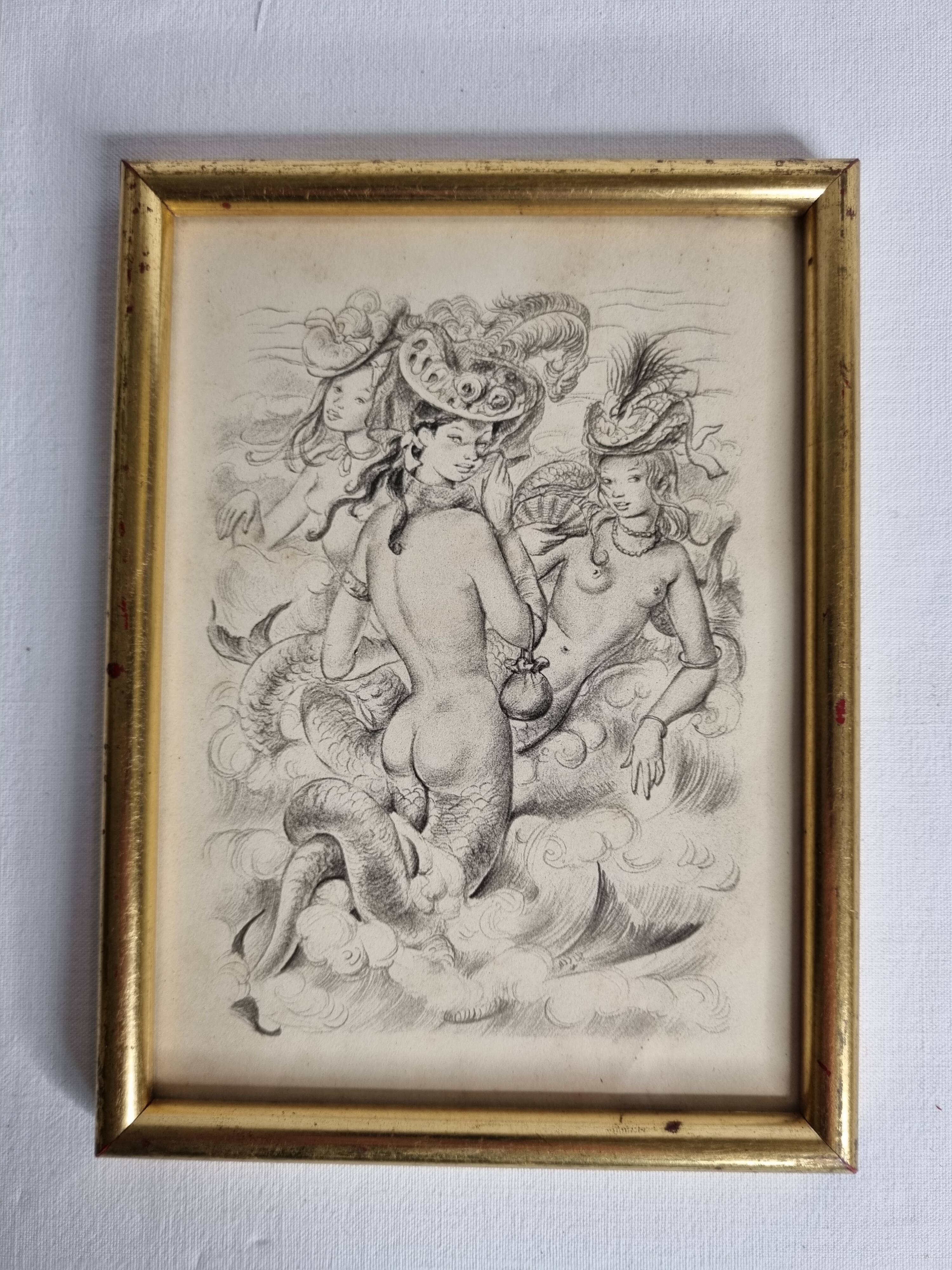 Engraving "Sirens" attributed to Suzanne Ballivet, framed under glass, 19 x 14 cm