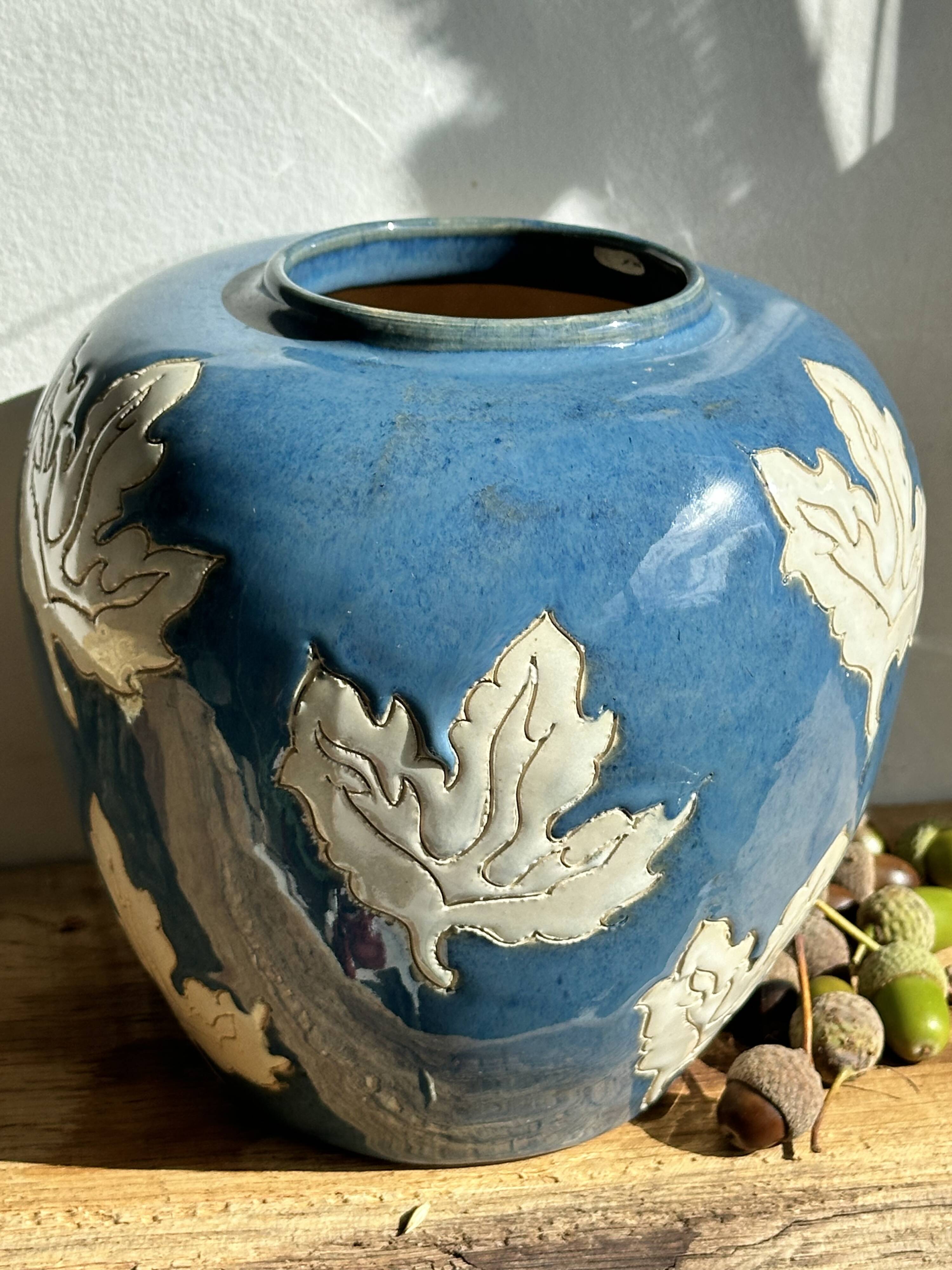 Magnificent Blue Glazed Ceramic Vase with White Plane Tree Leaves Decor