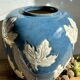 Magnificent Blue Glazed Ceramic Vase with White Plane Tree Leaves Decor