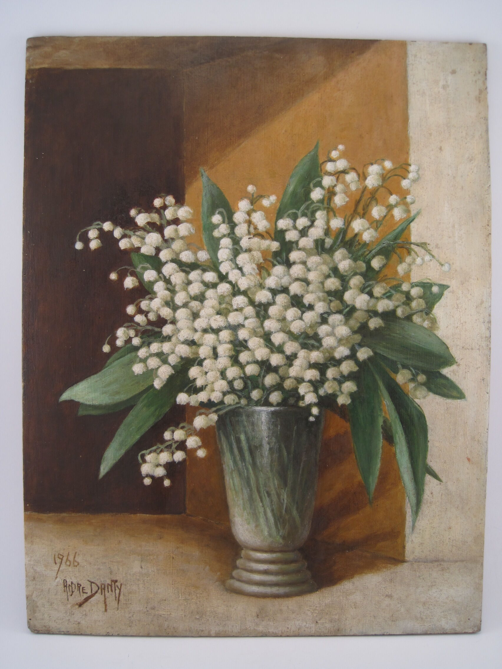Peinture à l'huile XX ème , Bouquet printanier de Muguet , signé ANDRE DANTY 1966