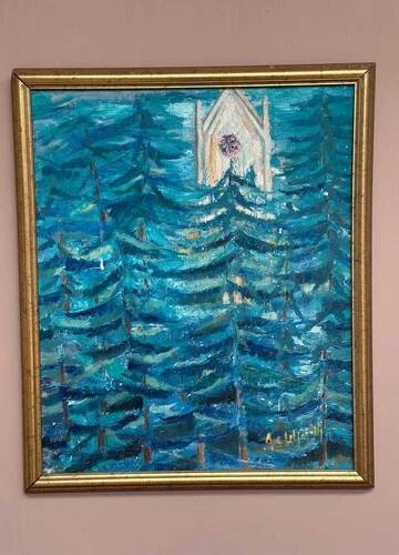 Mid-Century Oil on Canvas “Blue Trees” by Ag Liljardh– Vintage & Framed