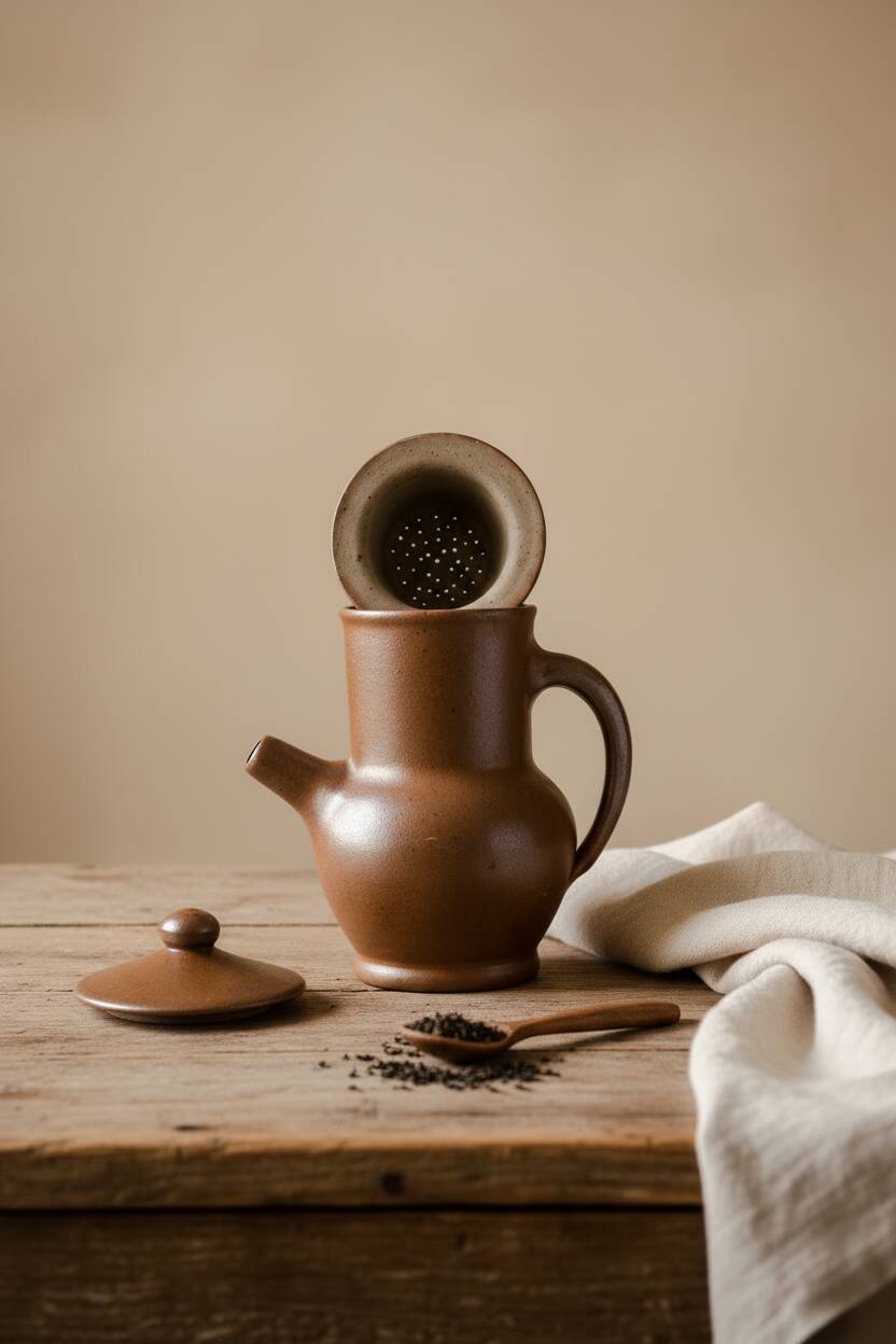 Handcrafted stoneware teapot with strainer