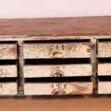 Antique 9-drawer workshop cabinet in Burmese teak with original ecru patina