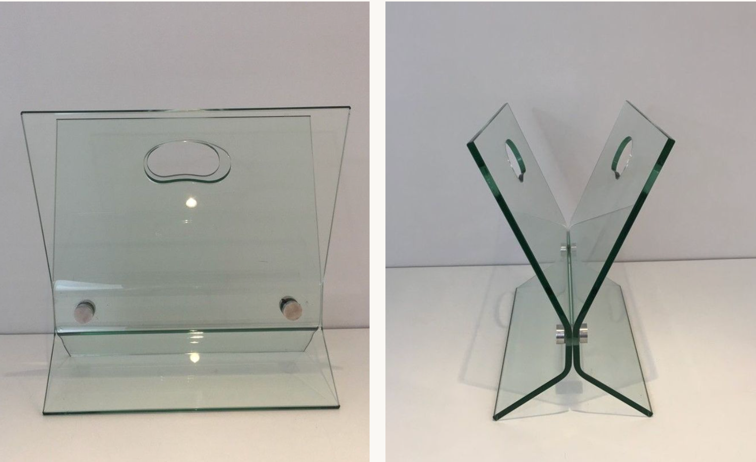 Design magazine holders in glass and brushed steel