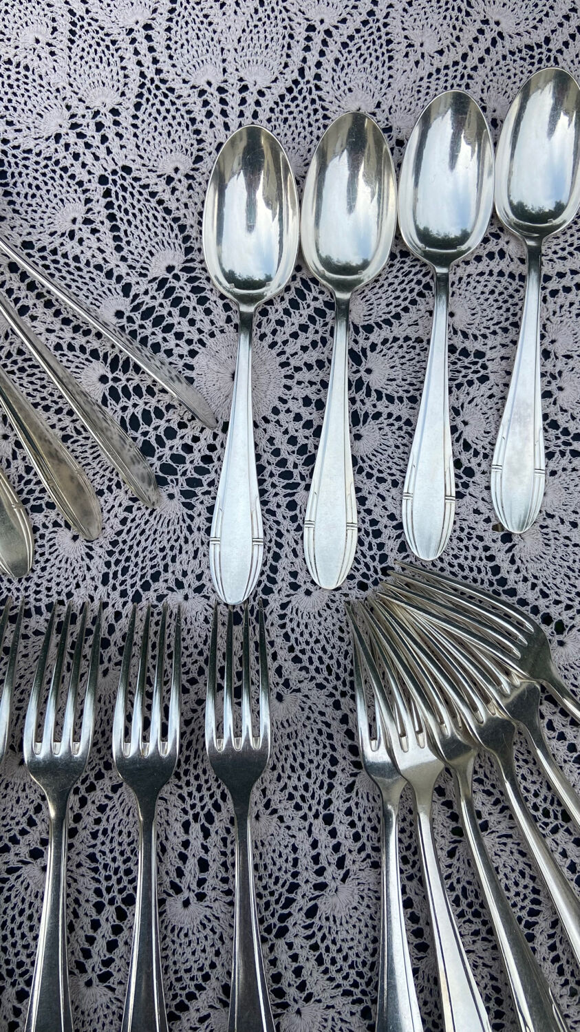 Set of 12 forks and 12 spoons Orbrille silver metal 1950 vintage